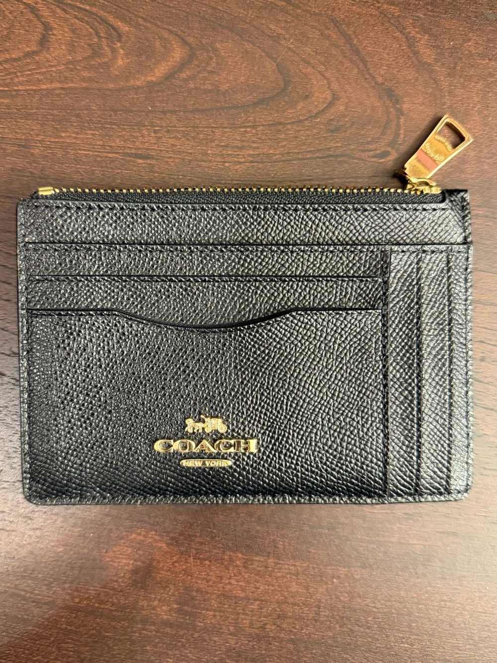 Coach Black Pebbled Leather Card Holder with Gold Logo